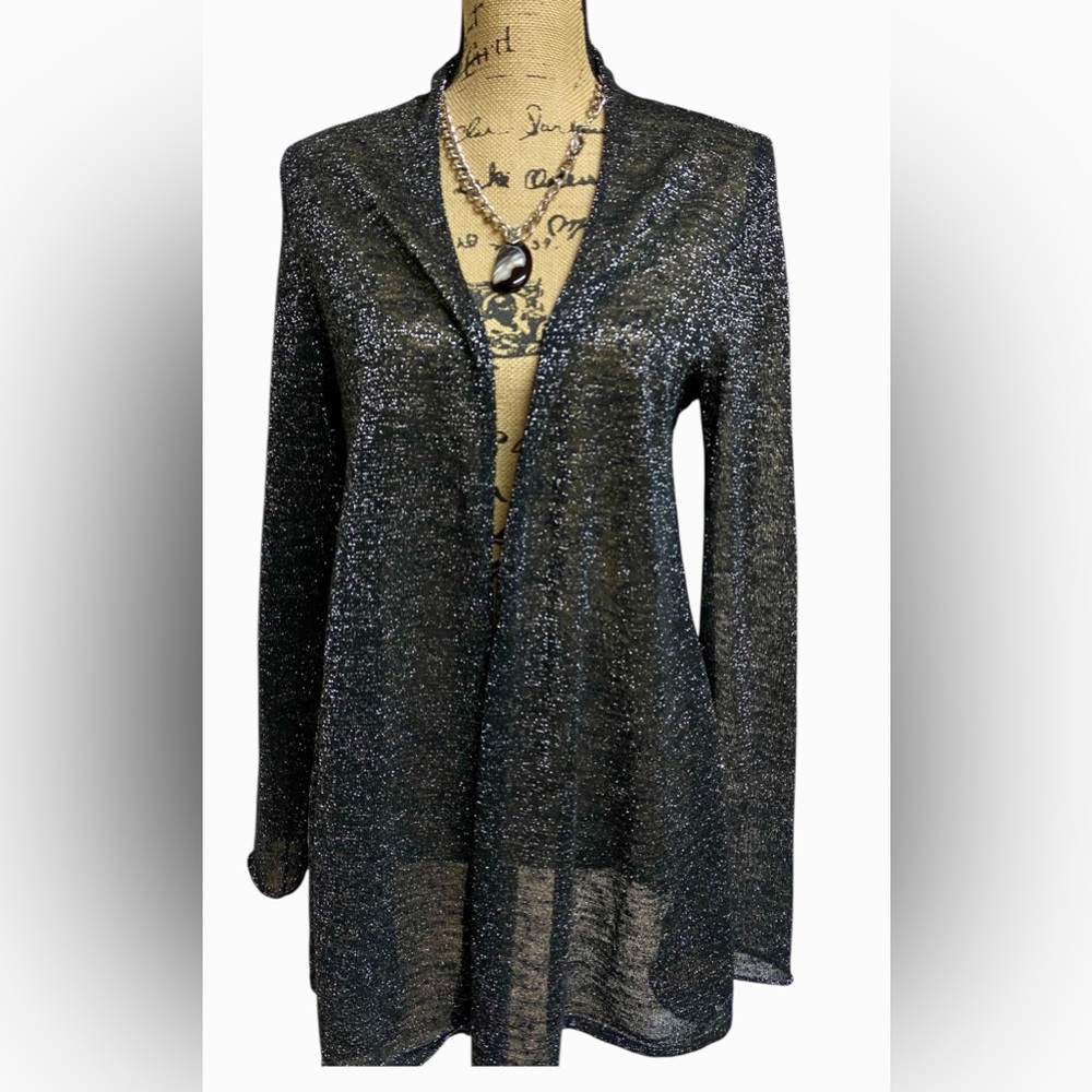 Eileen Fisher LINEN Blend (Italian Yarn) Metallic Black Open Front Cardigan